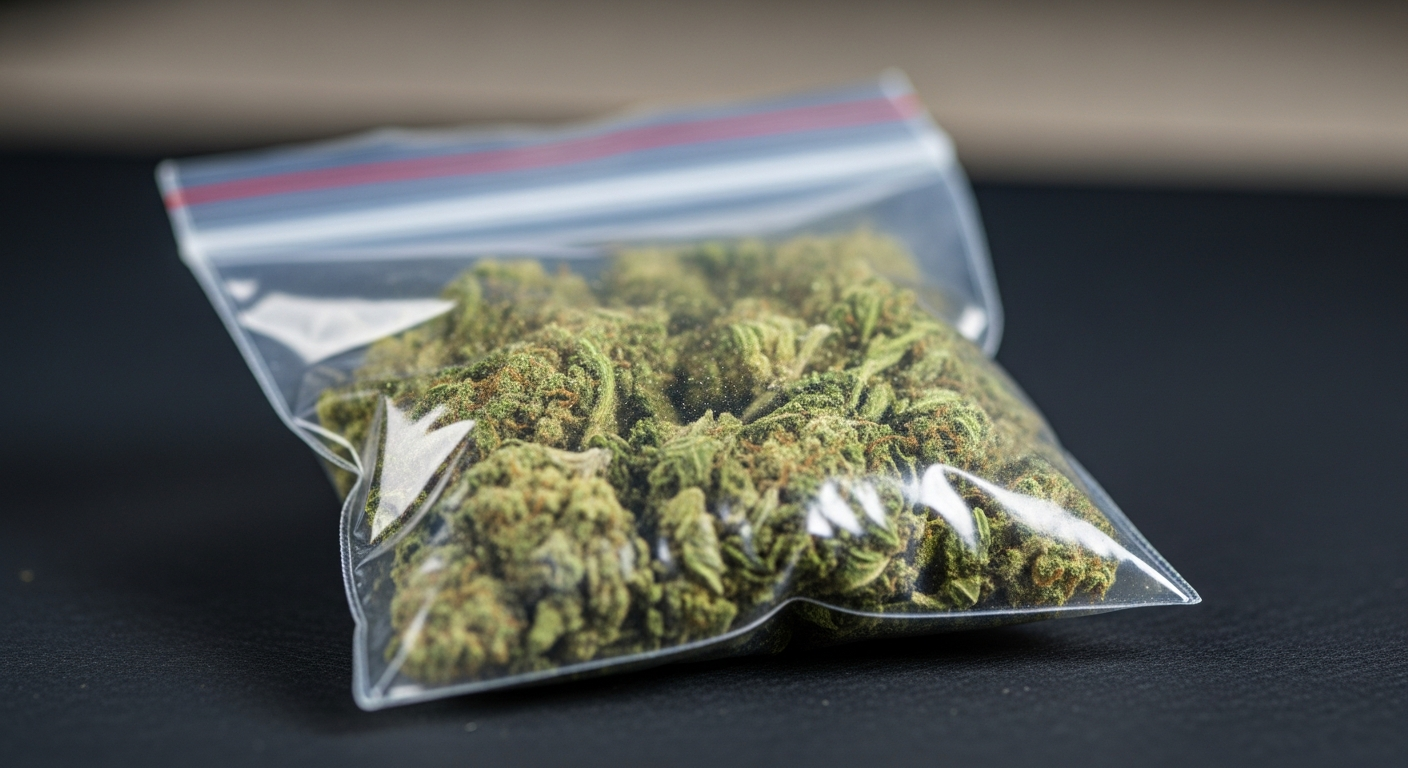 Cannabis buds in a small transparent press-seal bag, as typically sold in the illicit market